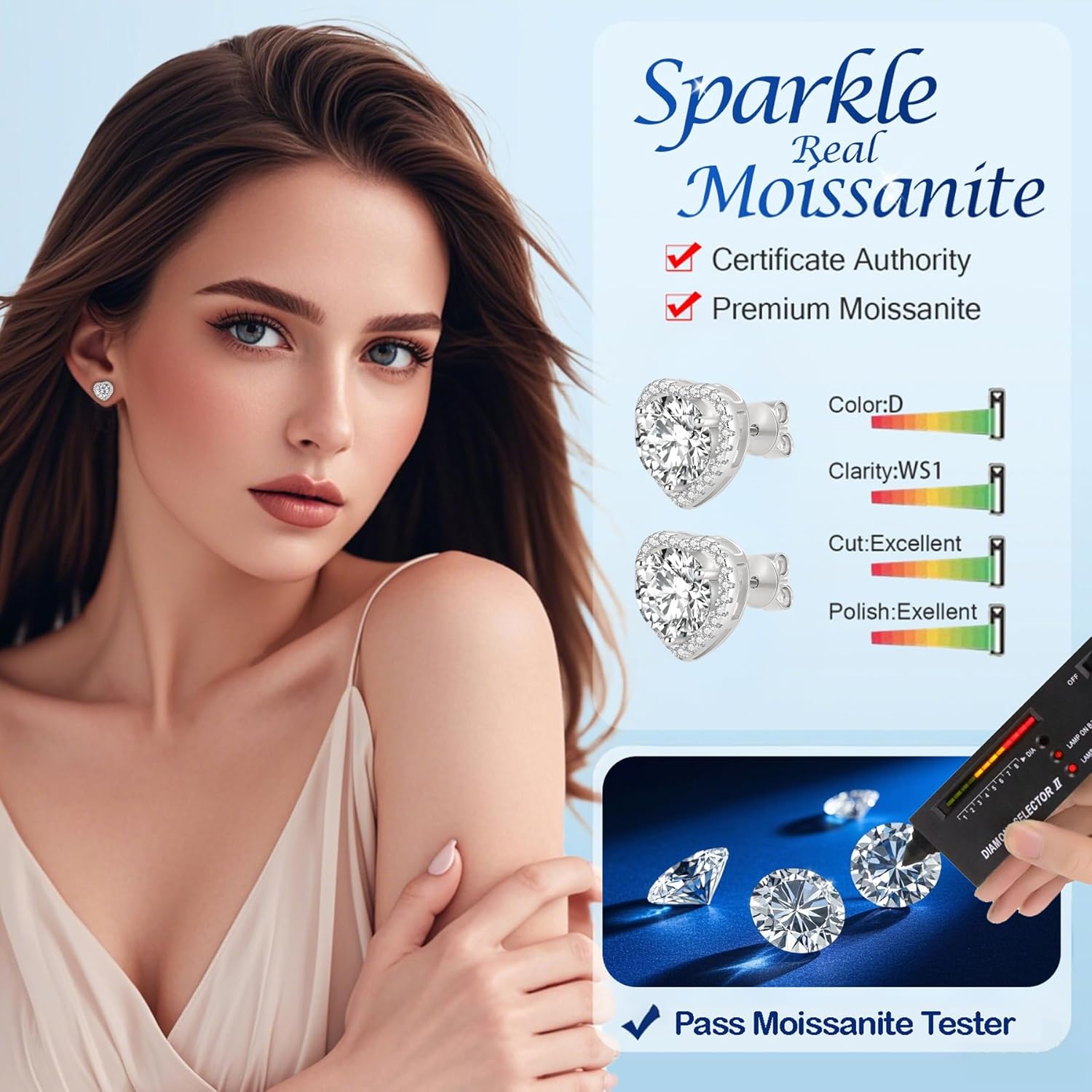 1-4ct Moissanite Stud Earrings for Women - Halo Heart 925 Sterling Silver D Color Ideal Cut Earrings with Certificate of Authenticity - Image 2