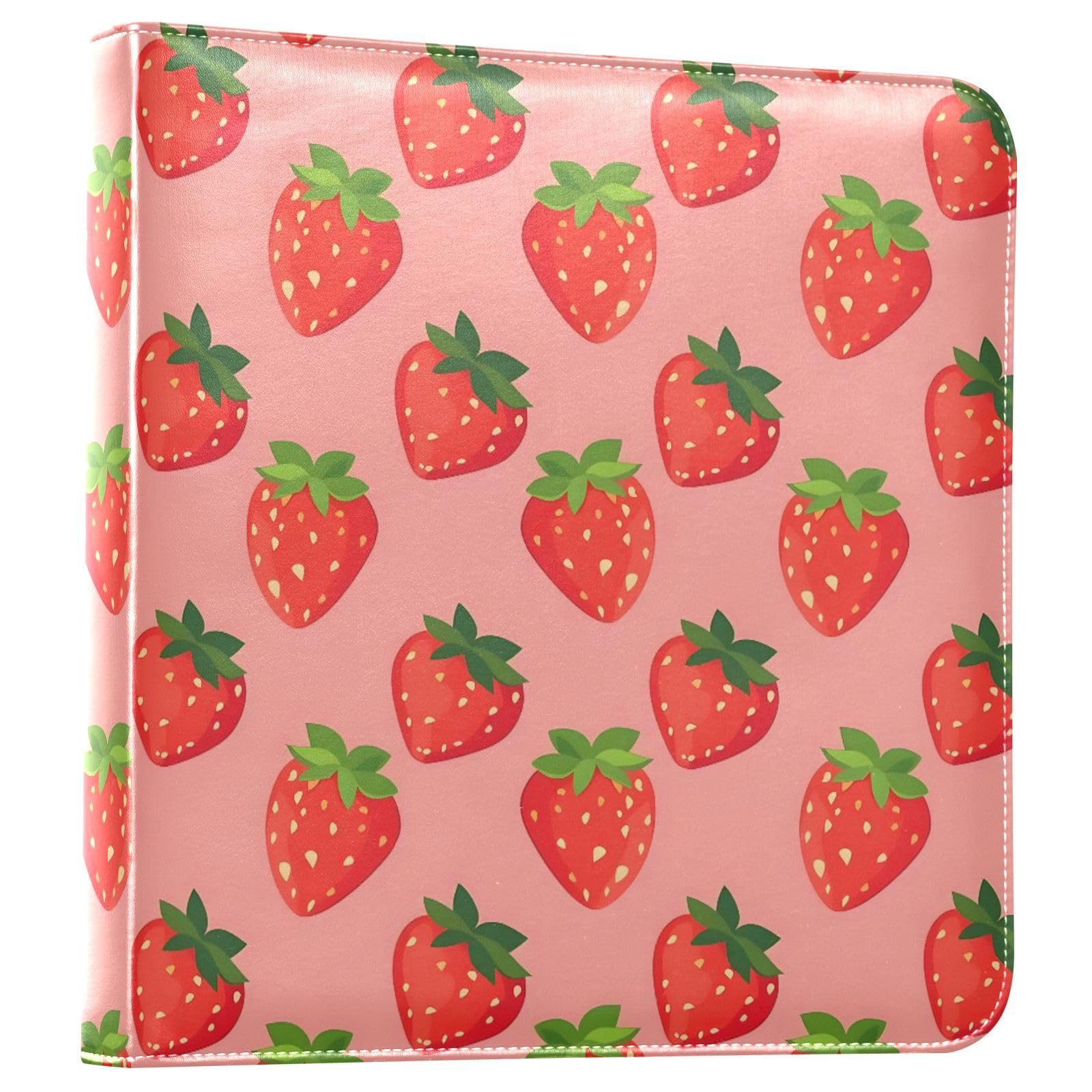 JIPONI Strawberrys Pink Background Large Photo Album, DIY Leather Cover Scrapbook Albums for 4x6 5x7 6x8 Pictures, Self Adhesive Memory Book for Wedding, Baby, Family