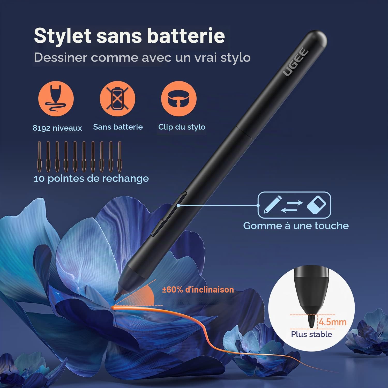 UGEE Tablette Graphique S640 Tablette de Dessin numérique Ultra-Mince Portable avec Fonction d'inclinaison du Stylet sans Batterie de 8192 Niveaux 10 Touches Express pour débutant