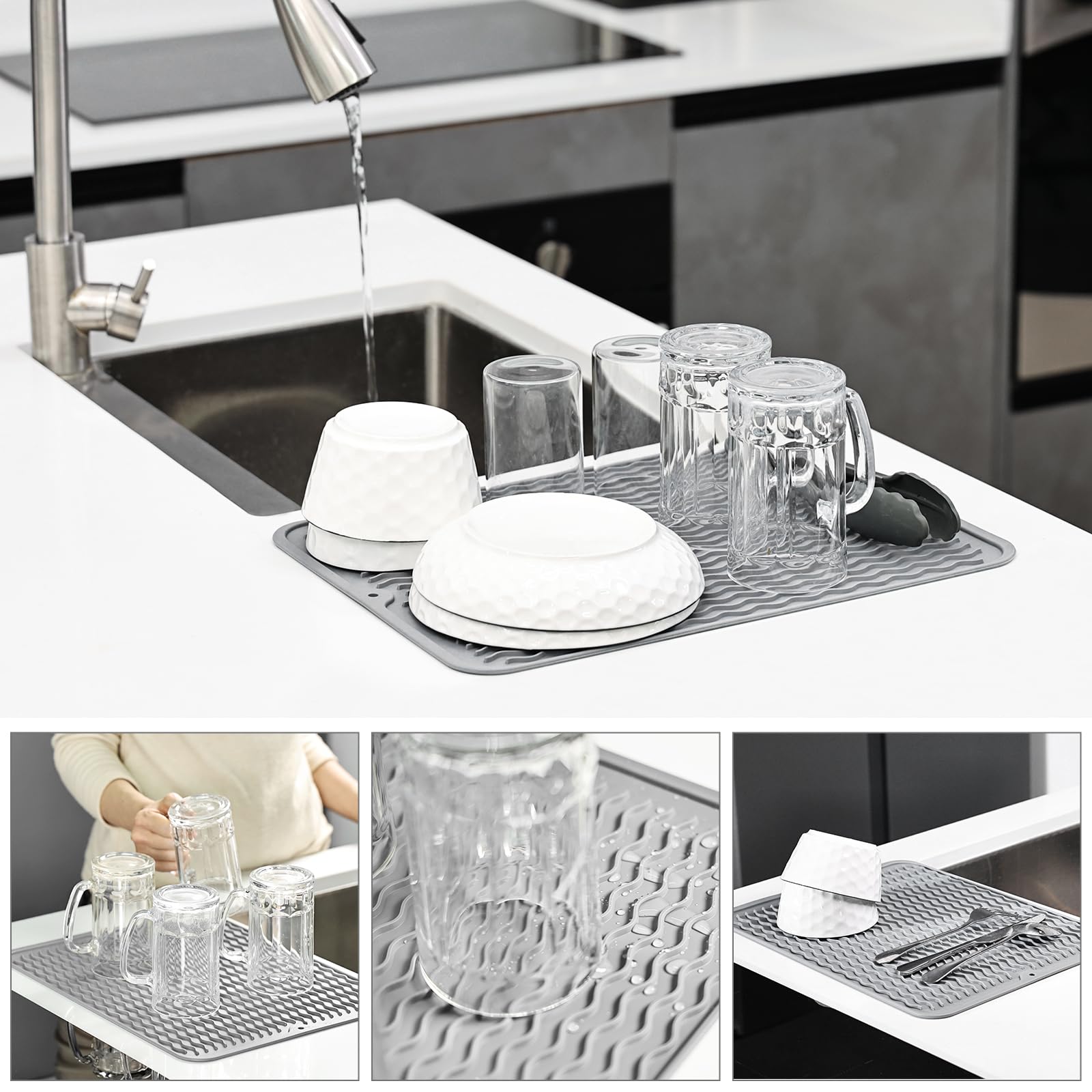 KitchenRaku Tapis Égouttoir en Silicone Résistant à la Chaleur pour Cuisine, Dessous de Plat Antidérapant, Dessous de Verre