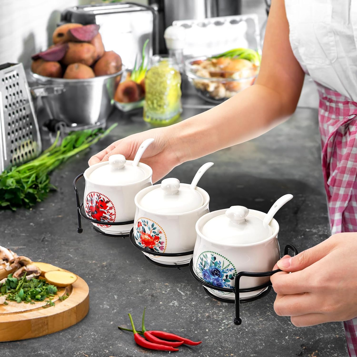 3 Pcs Ceramic Condiment Jars, 7 Oz Small Sugar Bowls with Lids Spoons and Shelf, Round Spice Container Pot Set for Salt Pepper, Empty Seasoning Box for Kitchen Restaurant Home, White
