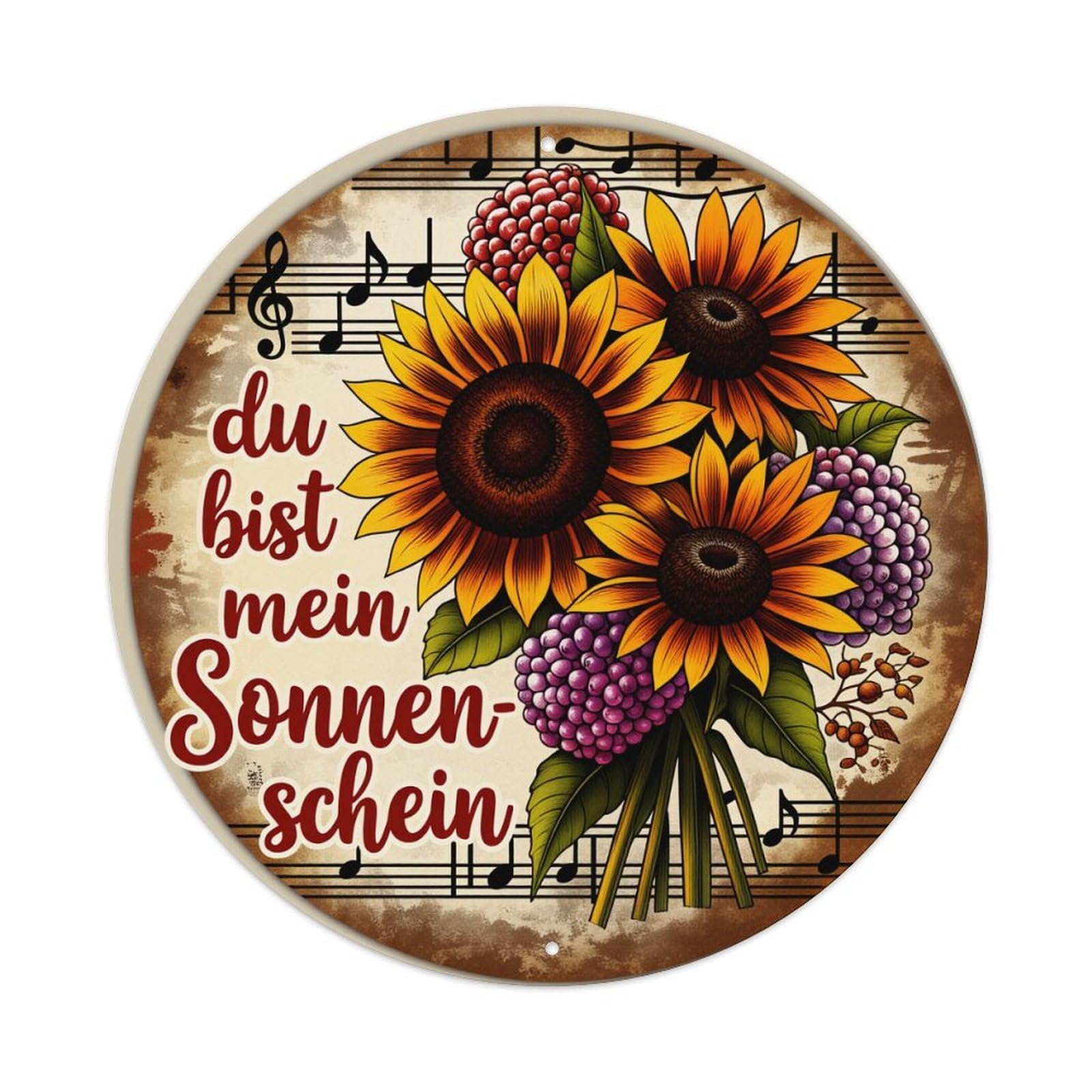 Sunflowers Music Notes Text Art Round Tin Sign Vintage Metal Poster Retro Bar, Home, Man Cave, Kitchen, Laundry Room Wall Art Decor Gift 8x8Inch