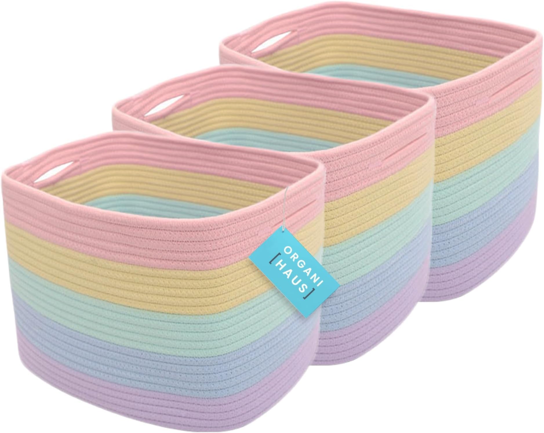 Set of 3 Pastel Rainbow Baskets - Colorful Woven Storage Baskets for Playroom, Nursery & Classroom Decor, Toy Storage, 15x9x10