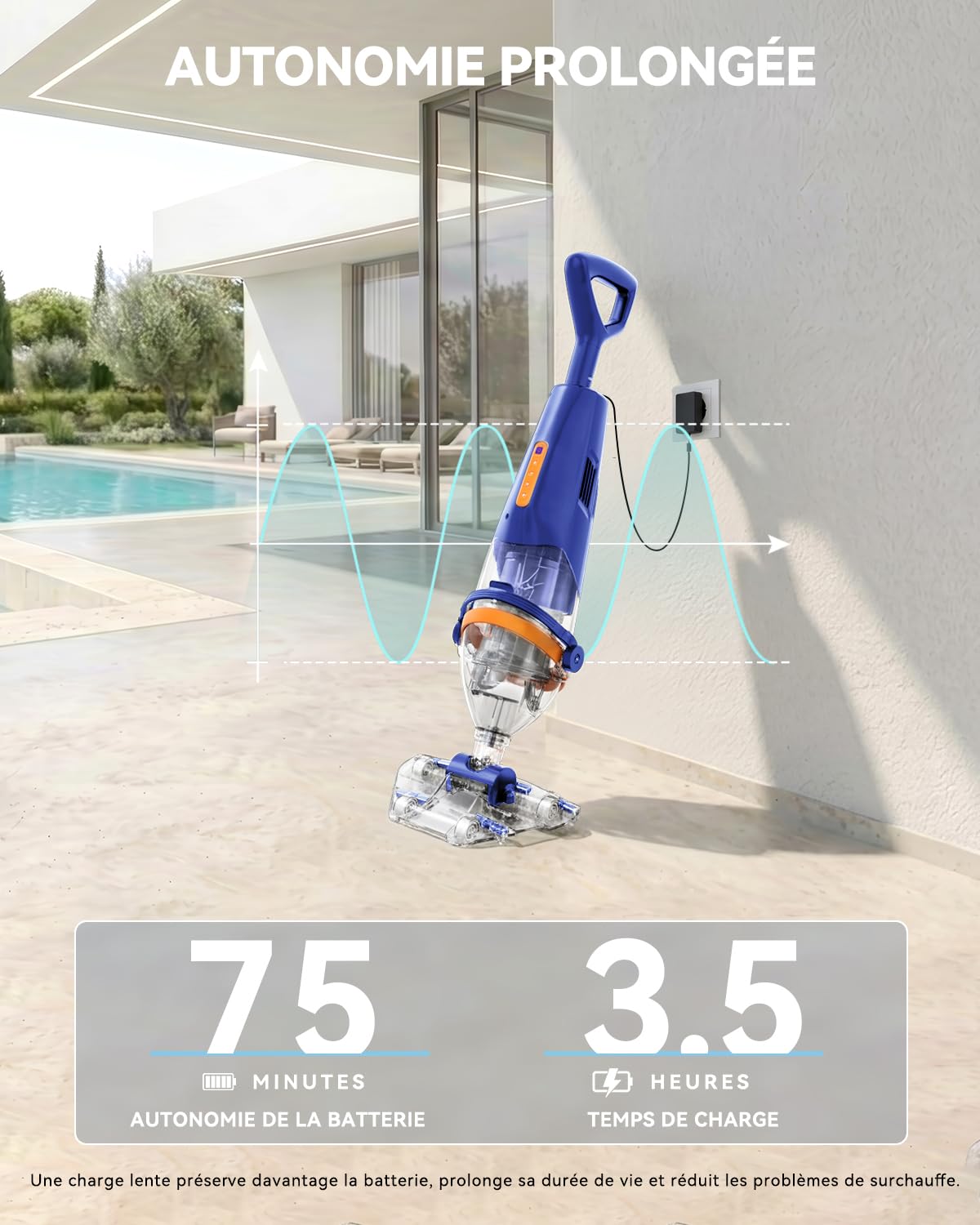 Great Shark Aspirateur Piscine sans Fil avec Interrupteur à Distance, Perche Télescopique 1,8 m, 75 Min d’Autonomie, Aspiration 18 GPM, Nettoyeur Piscine pour Piscines Hors Sol, Spa et Jacu (Bleu)