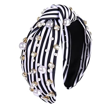 mokkia Crystal Pearl Knotted Headbands for Women, Rhinestone Jeweled Headband Sparkling Crystal Beaded Embellished Hairbands Summer Beach Fashion Hair Accessories Black