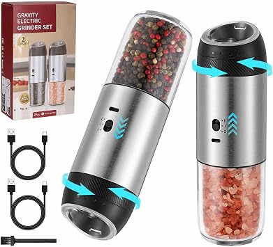 Gravity Electric Salt Grinder Set with Variable Grinding Speed, External Adjustable Coarseness, One Hand Operation, Stainless Steel 2 Pack