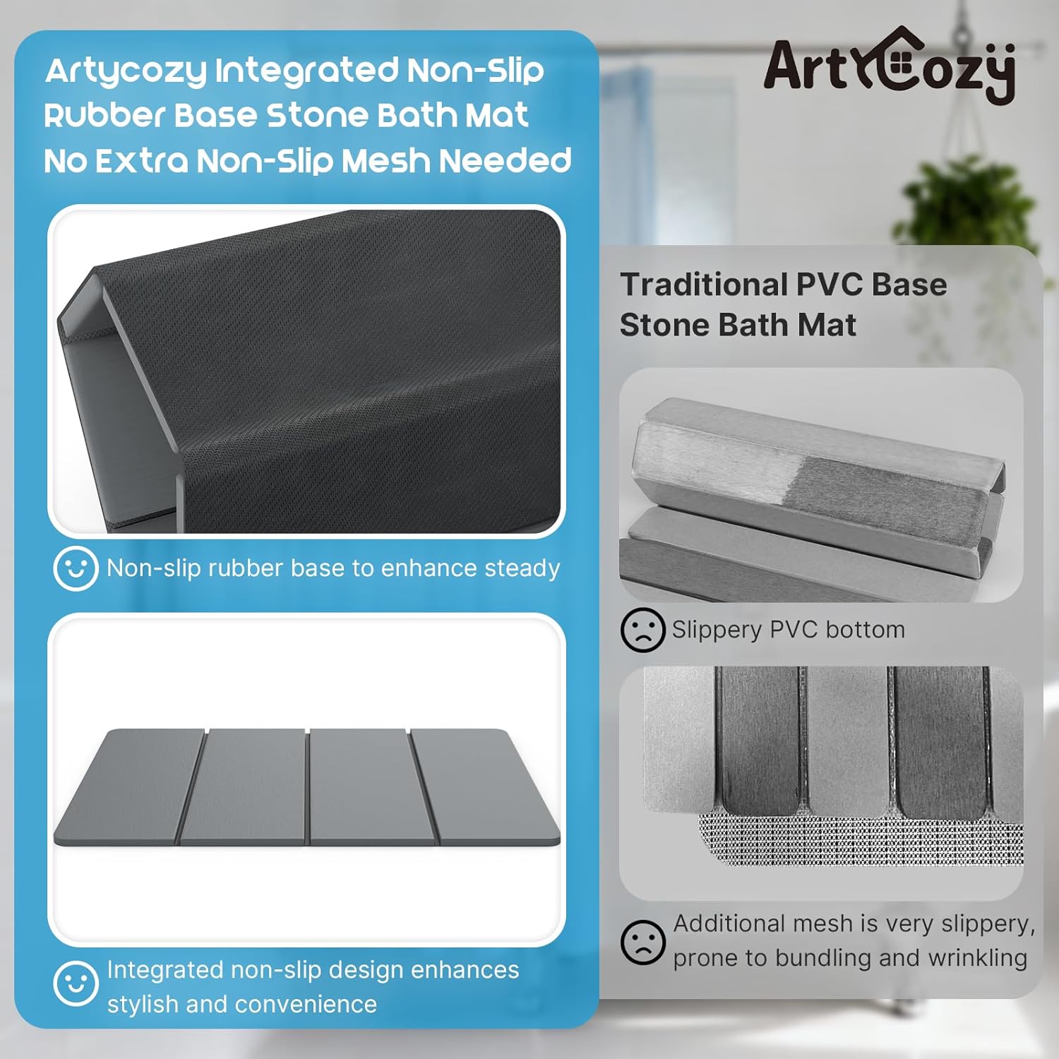 ArtyCozy Extra Large Foldable Stone Bath Mat with Non-Slip Rubber Back, 31.5" x 19.7", Super Absorbent Quick Drying Diatomaceous Earth Mat for Bathroom, Easy to Store, Easy to Clean, Grey