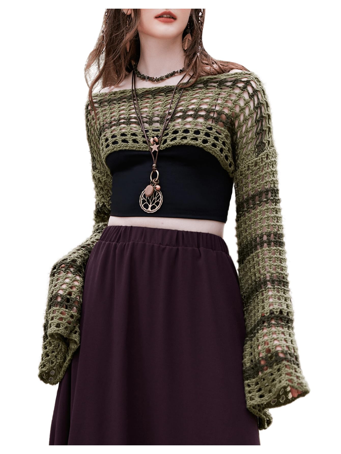 SHENHE Women's Hollow Out Knit Bolero Shrug Crochet Cropped Sweater Top Bell Long Sleeve Y2K Top: Large Army Green