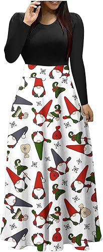 Vestido Largo Navidad para Mujer Vestido Estampado Manga Larga Vestido plisado fluido con Cuello Redondo y retazos