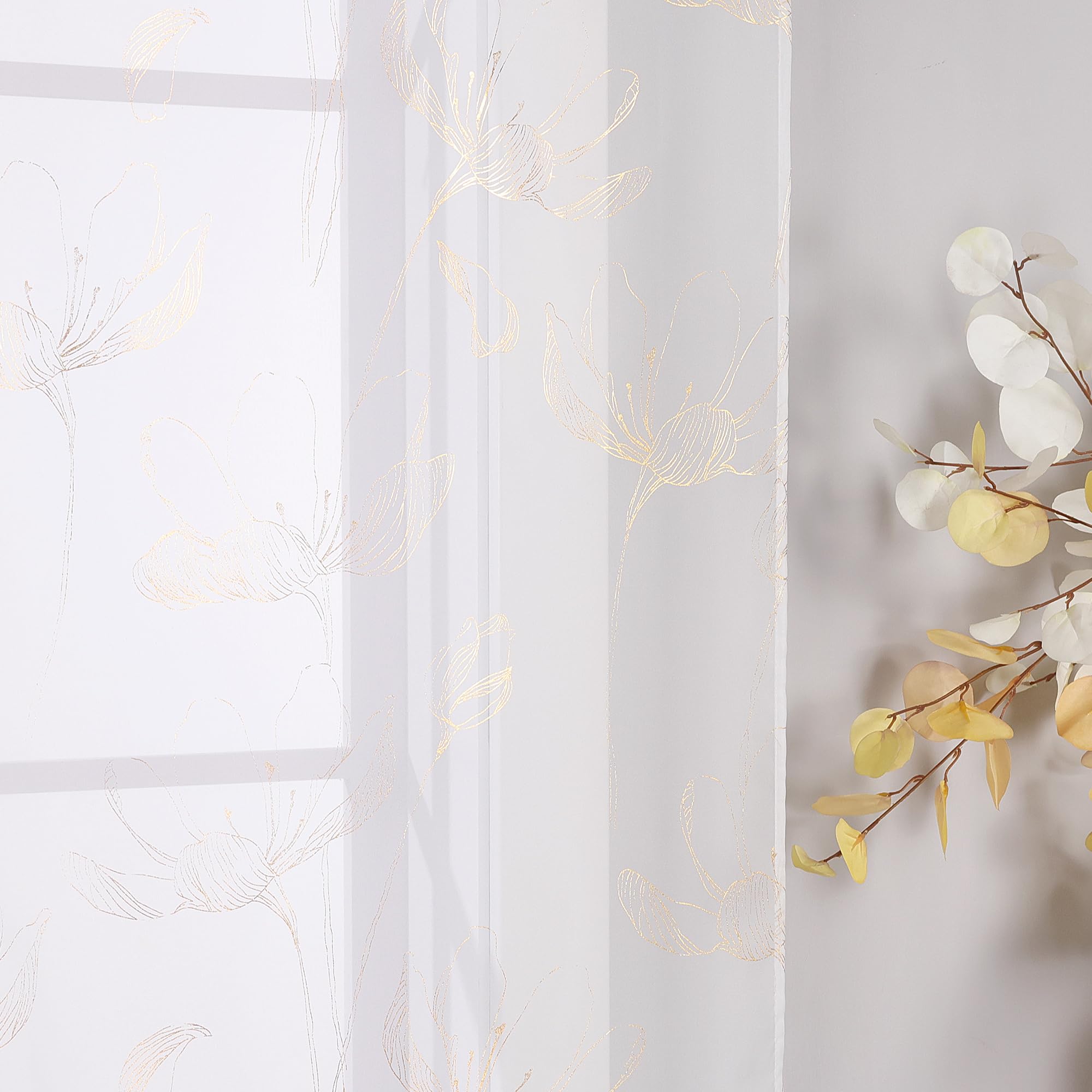 ESLIR Schiebegardinen Voile Flächenvorhänge Set 2er Schiebevorhang Wohnzimmer Gardinen mit Schlaufen Schlaufenschals Transparent Vorhänge Gold BxH 57x145cm 2 Stück