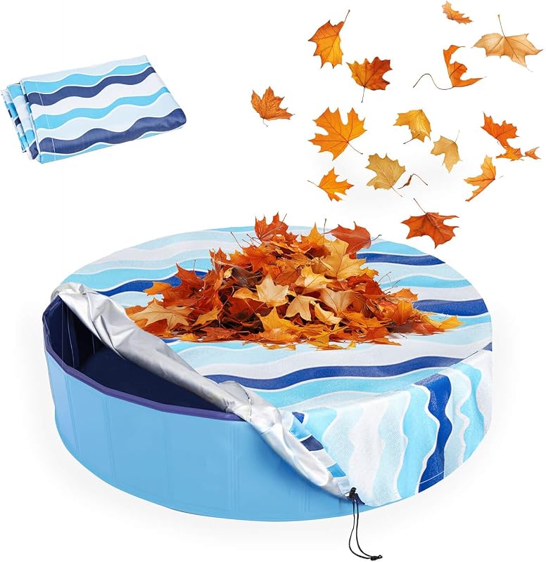 Foldable Round Dog Swimming Pool Cover, for 32"/48"/63" Collapsible Outdoor Tub,PVC Coating Waterproof and UV Protection (S-32 * 8 inch, Blue Stripes)