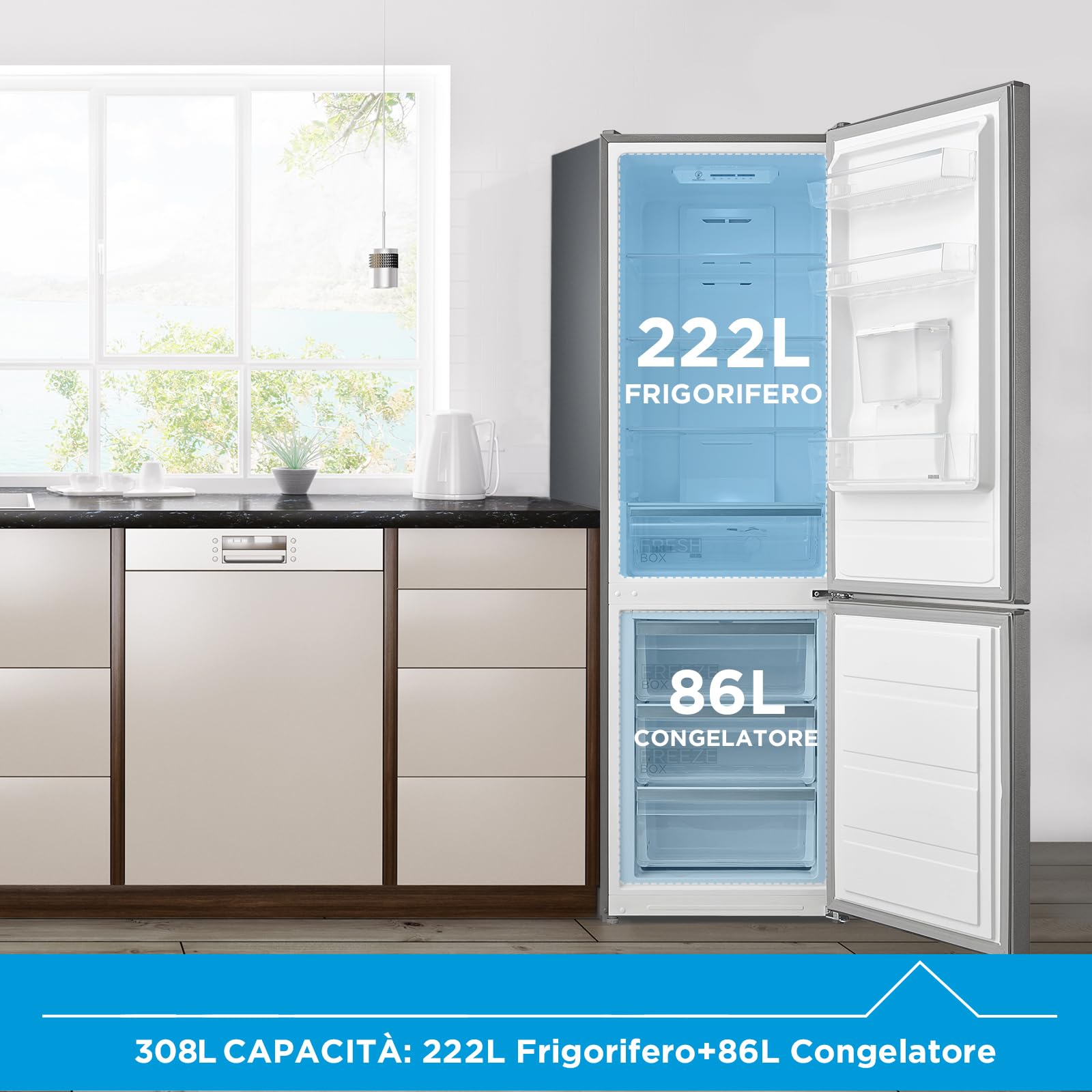 Midea MDRB424FGE02IW 310L Frigorifero Combinato, Libera Installazione, Total No Frost, Ventilazione MultiFlow, Doppia Porta Reversibile, Controllo Touch