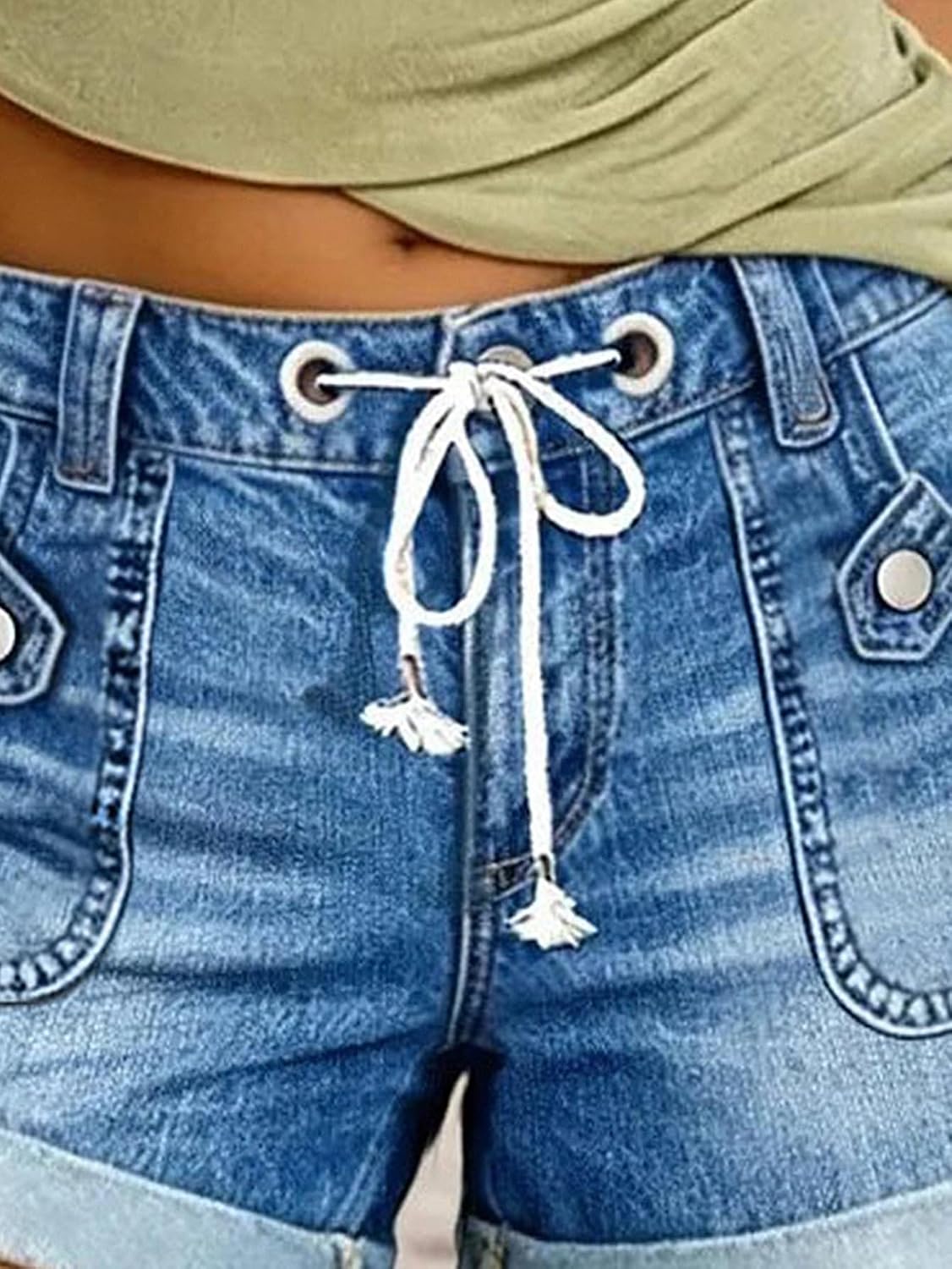 Flamingals Mid Rise Denim Wash Ripped Roll Hem Drawstring Shorts for Women