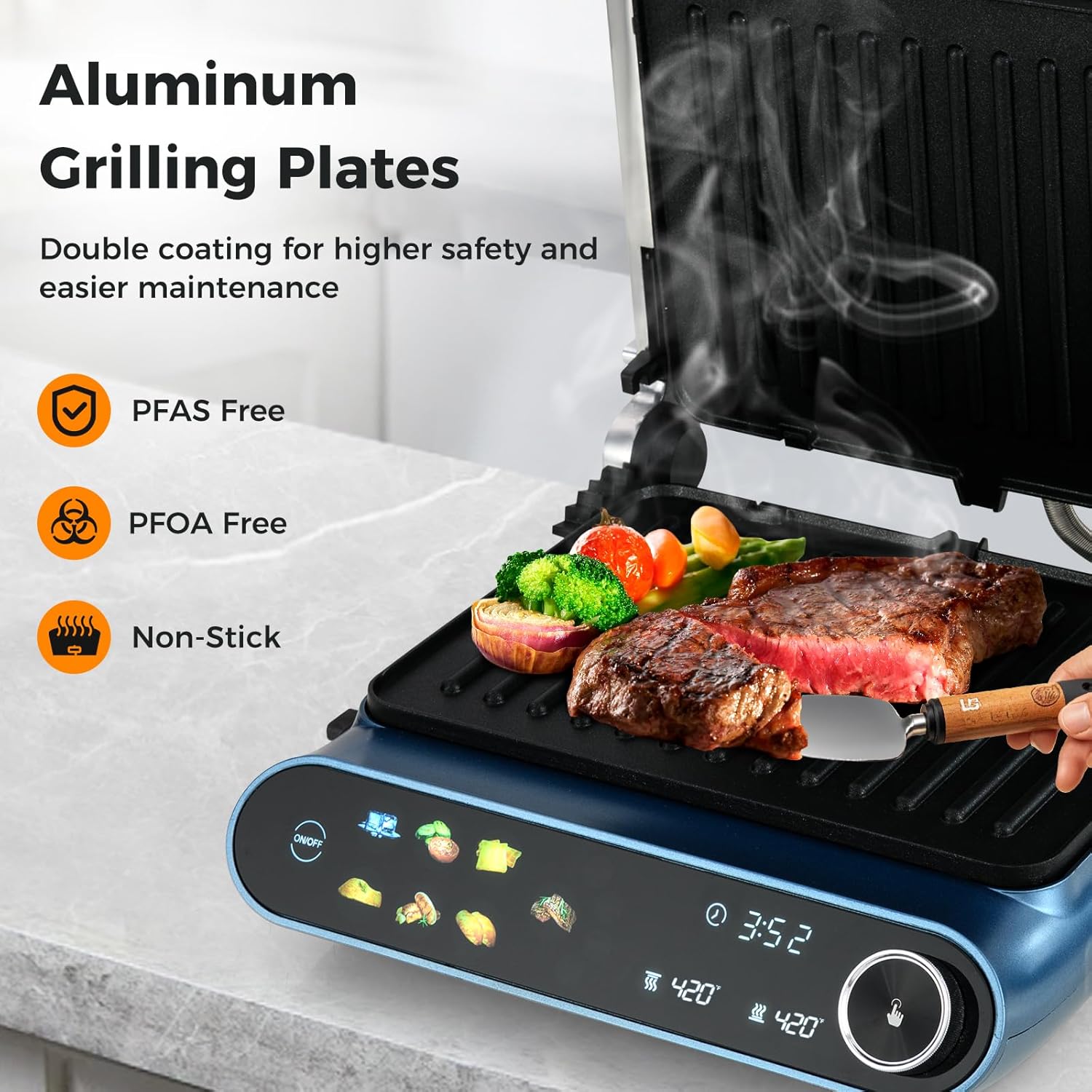 ARLIME Panini Grill Press Sandwich Maker, 1200W Electric Griddle with LED Touch Panel, 7 Grilling Modes, Dishwasher Safe Non-stick Plates, Removable Drip Tray, Indoor Grill for Burger, Cheese, Steaks