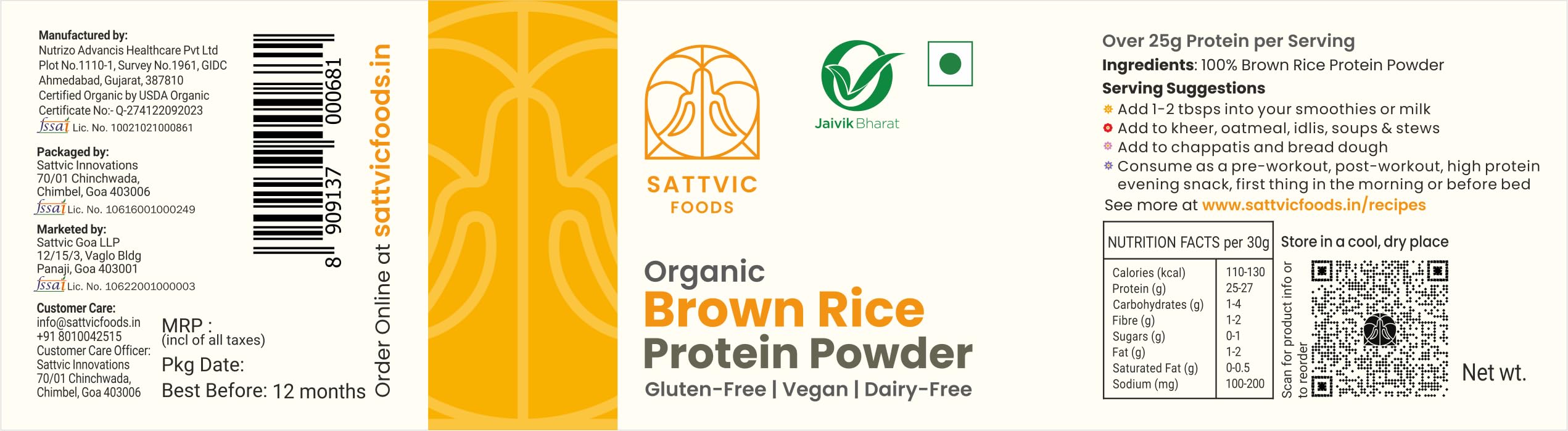 Sattvic Foods Brown Rice Protein Powder (300 g) | Certified Organic, Over 25 g Protein Per Serving | Plant-Based, Unflavoured, No Sugar, No Lactose, Muscle Builder | Mix into Smoothies & Recipes - Image 8 thumbnail