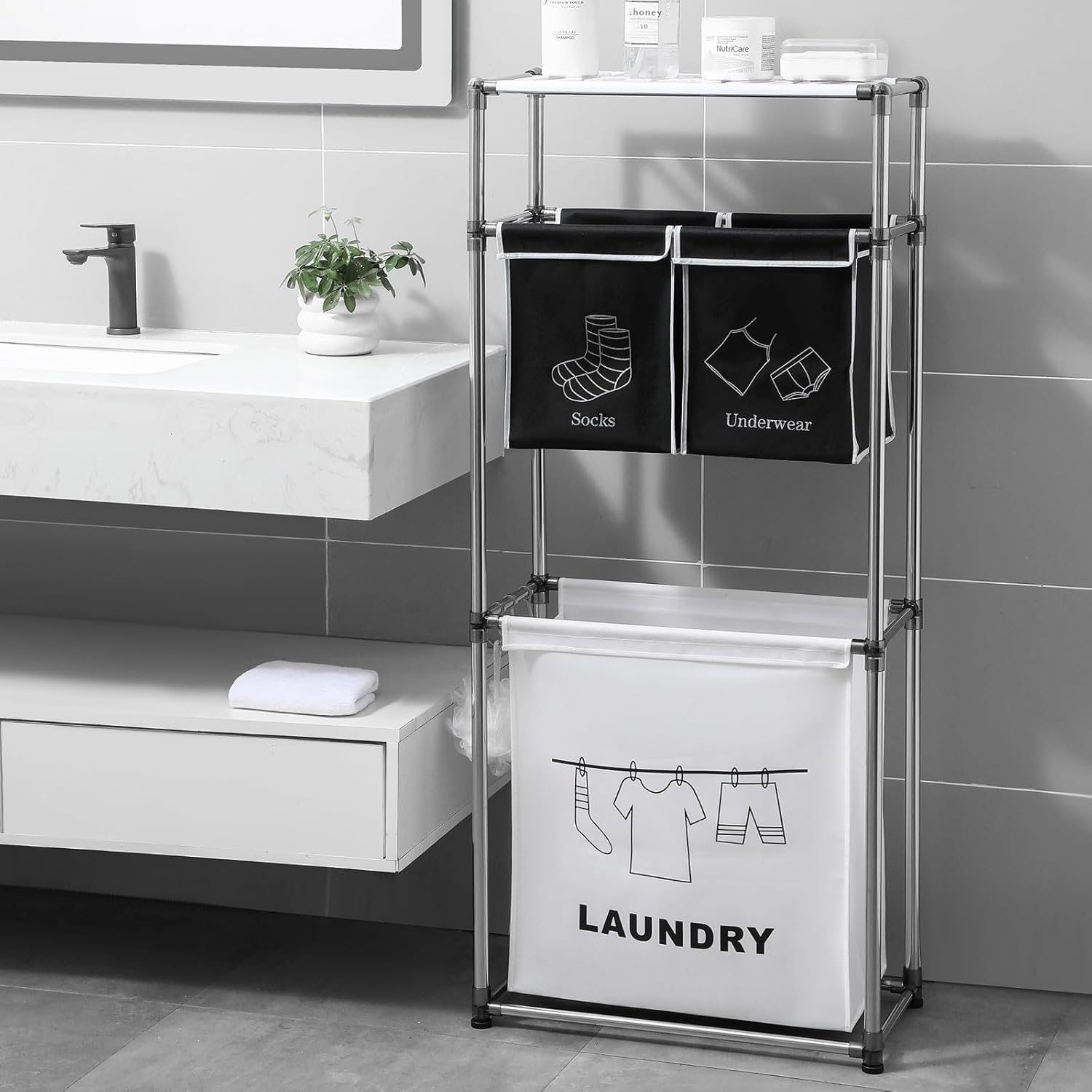 Laundry Hamper 3-Tier Laundry Sorter with 3 Removable Bags and Hooks – Organizer for Clothes, Darks, Socks & Underwear | Heavy-Duty Fabric Frame, Waterproof Oxford Liner, Large Capacity Storage