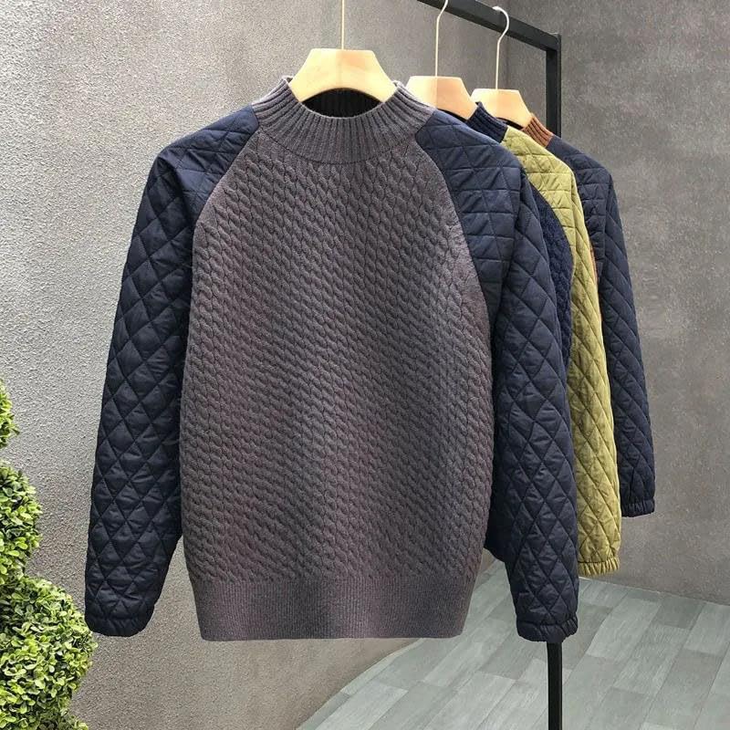 Men Casual Warm Sweater Loose Patchwork Knitted O-Neck Long Sleeve Pullover Top2