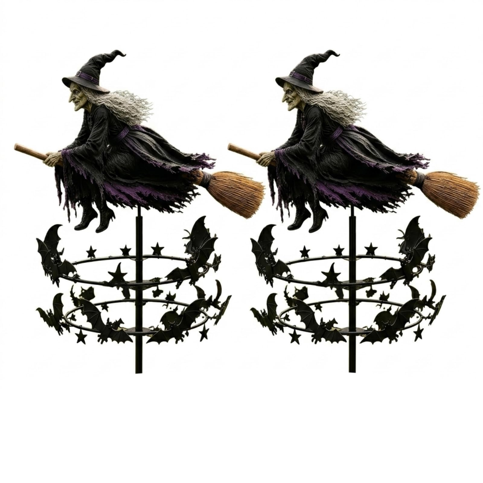 Witch Wind Spinners for Garden Decorations Outdoor Metal Halloween Bat Rotatable Yard Art Stake Enchanted Halloween Decorations Outdoor for Garden Patio Pathway FallDecorations，2PCS 120cm