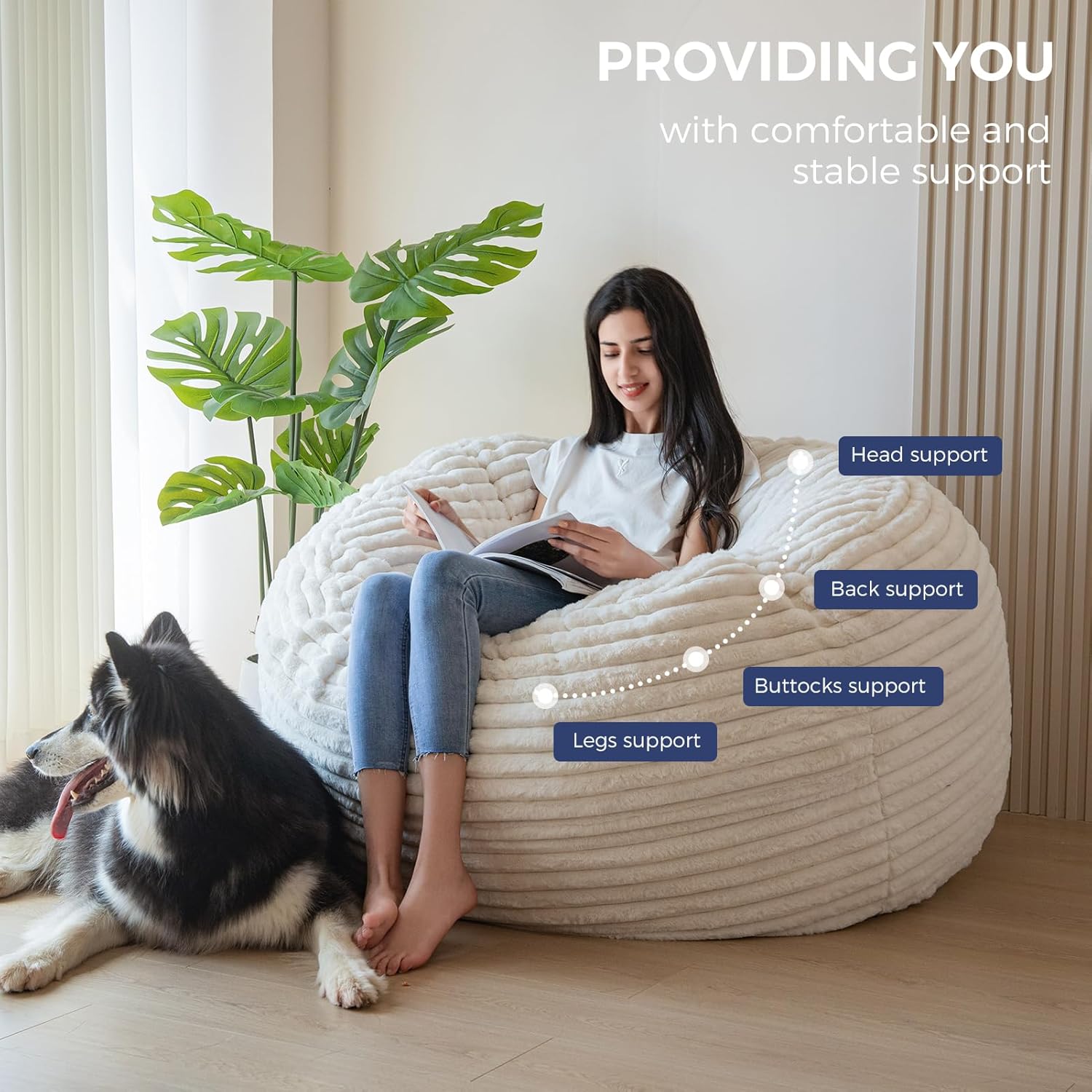 MAXYOYO Bean Bag Chair for Adults, Large 5 ft Bean Bag Chair with Foam Filling, Ultra Soft Fur Lazy Sofa for Living Room Bedroom, Machine Washable Cover - Image 4