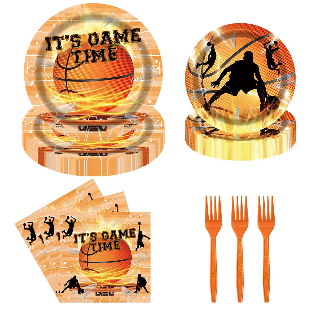 Tcoyodw Basketball Birthday Party Tableware Set 96 Pcs It's Game Time Basketball Disposable Plates Napkins Forks Sport Theme Party Supplies for Boys