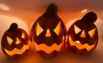 3er Set Halloween Kürbis Teelichthalter aus Terrakotta – Handbemalte Deko-Kürbisse mit Gesicht in 3 Größen – Herbst Windlichter für innen & außen, Herbstdeko