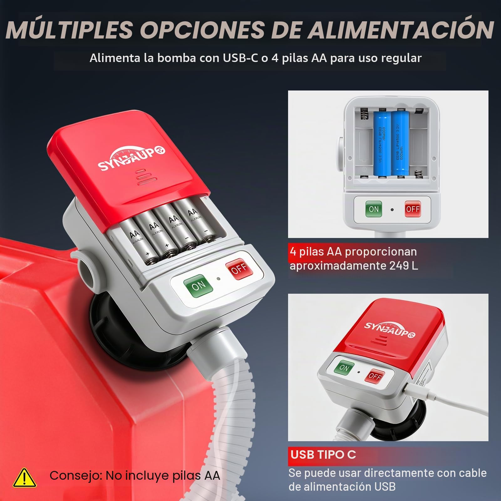Bomba Trasvase Gasoil Eléctrica con Sensor de Parada Automática | 12V,3.2GPM (12L/min),con 4 Adaptadores,cabezal de bomba de 28 mm,Alimentación por pilas y USB,para Gasolina, Diésel y Agua
