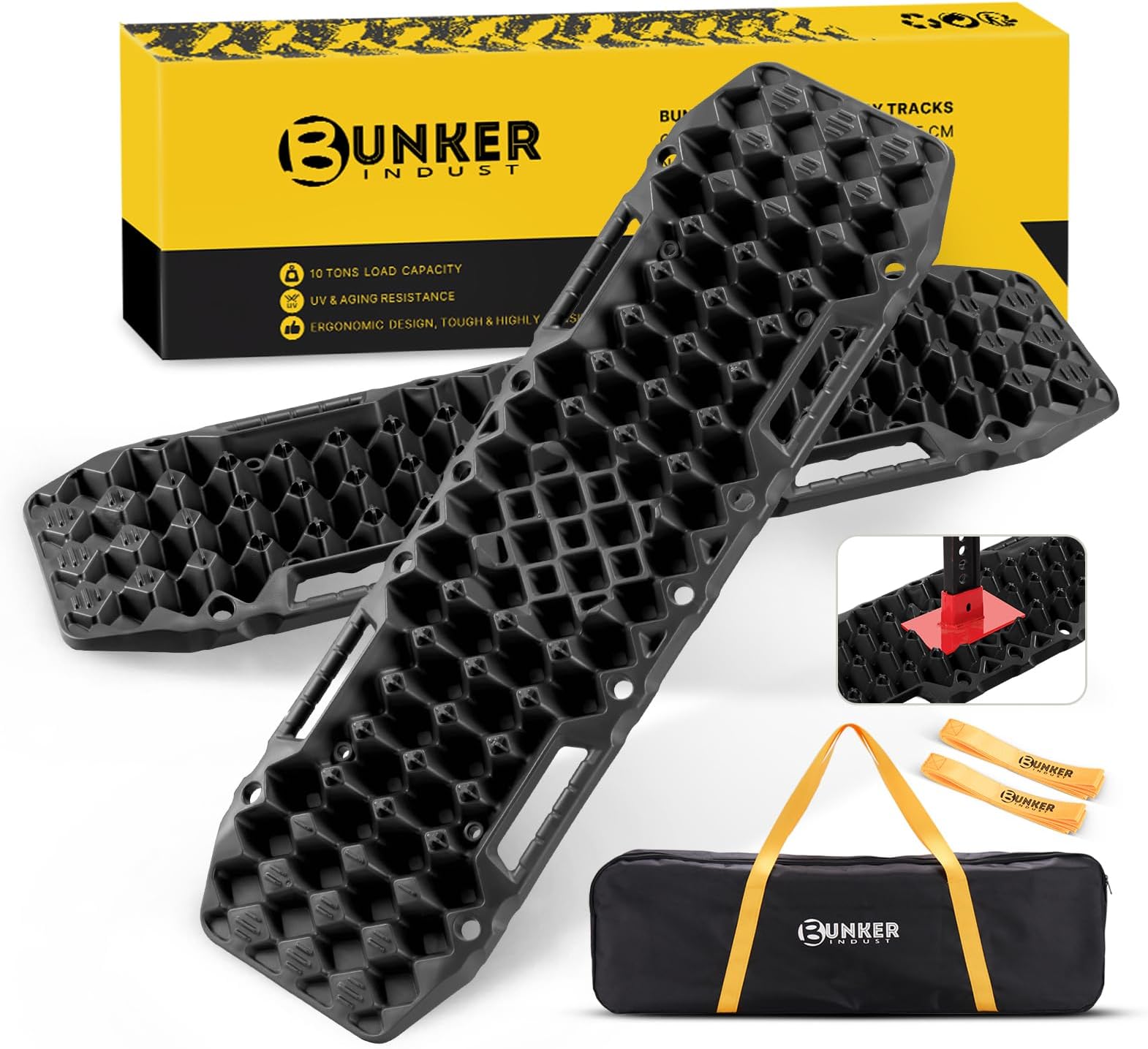 BUNKER INDUST Off-Road Traction Boards with Jack Base,Pair Recovery Tracks 4X4 Jeep Truck Tire Traction Mat with Bag-Sand,Mud, Snow Ladder Ramps(Black)