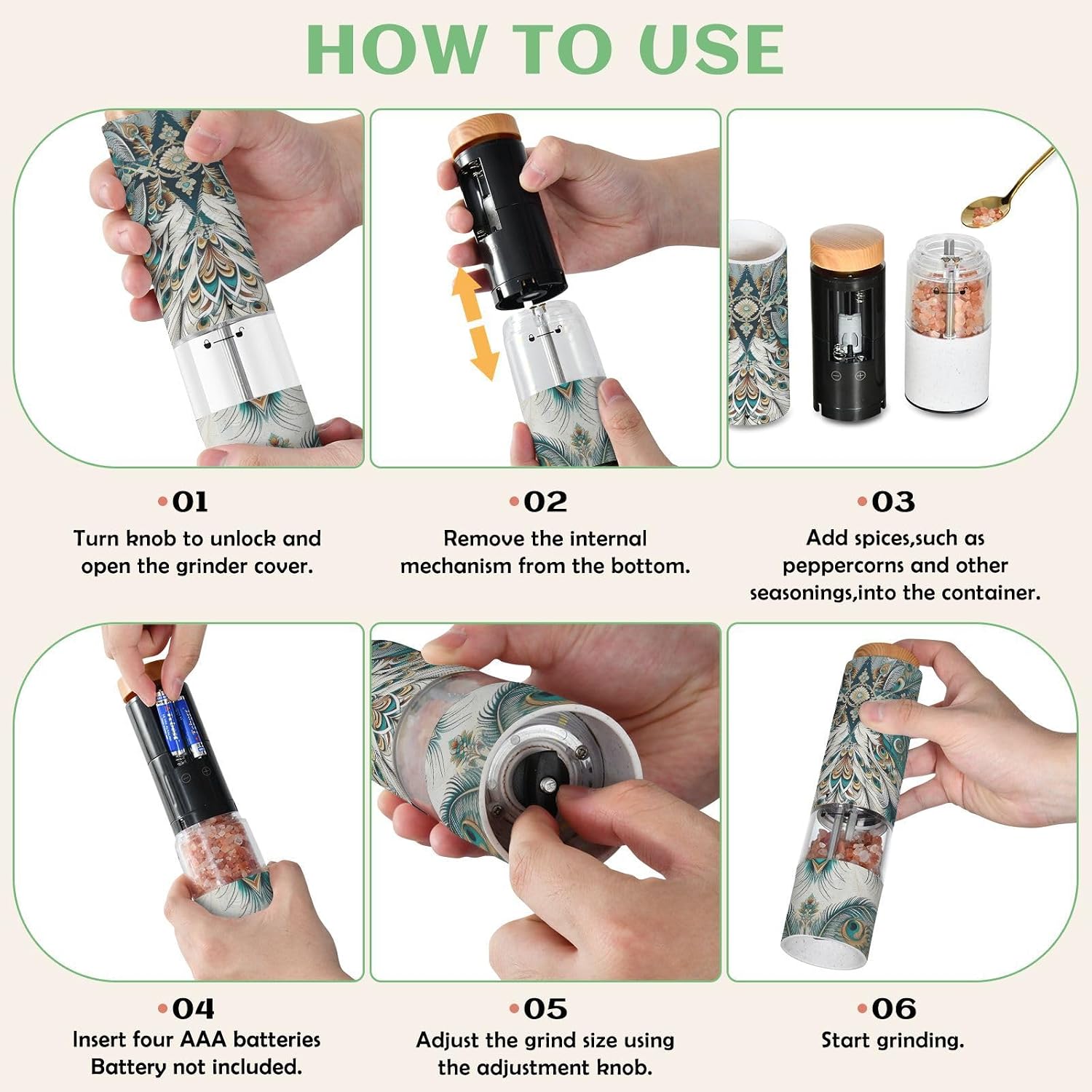 ALAZA Electric Pepper Grinder with Adjustable Coarseness, Peacock Motif Battery Automatic Salt and Pepper Mill with Led, One-Handed Operation Spice Grinder for Kitchen, Camping & BBQ