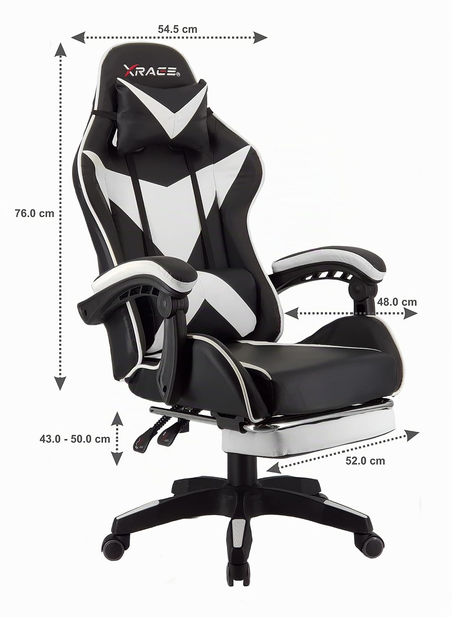 xRace - Poltrona da gaming per videogiochi, girevole, alta in pelle con supporto lombare, poggiatesta e poggiapiedi, regolabile, inclinabile, stile corse racing (bianco)