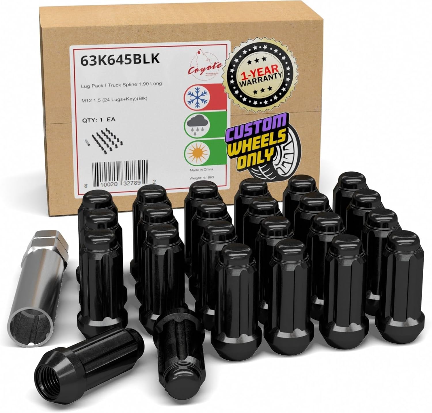 Wheel Accessories Parts 24 Pcs M12x1.5 12x1.5 Thread Truck 2.00" Long Spline Lug Nuts Black 6 Spline Hex Fits 2004-12 Chevy Colorado GMC Canyon ｜ 21+ Ford Bronco (No Raptor) ｜ 19+ Ranger