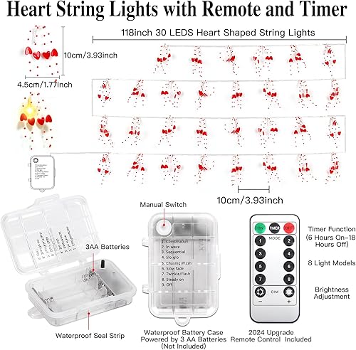 Miniatura 4 de Guirnalda de luces para decoración del día de San Valentín con temporizador, luces de corazón, funciona con pilas, con control remoto, 30 luces LED