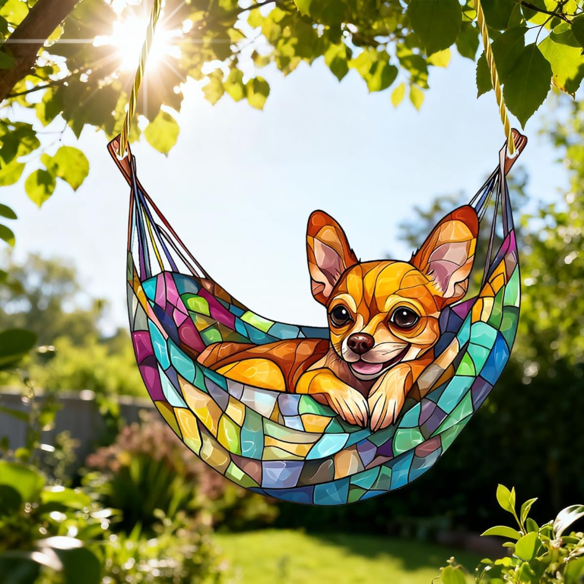 1PC The Chihuahua Dog in Hammock Ornament Acrylic Suncatcher Hanging, 7.08 inch Window Decor with Printed Stained Glass Style Design, Gift Idea & Garden Ornament Indoor Outdoor Use/DW-24