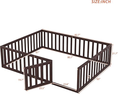 Miniatura 79 de P PURLOVE Cama de suelo de madera tamaño Queen, marco de cama con barandilla en forma de valla y puerta que se puede cerrar para niños y niñas,
