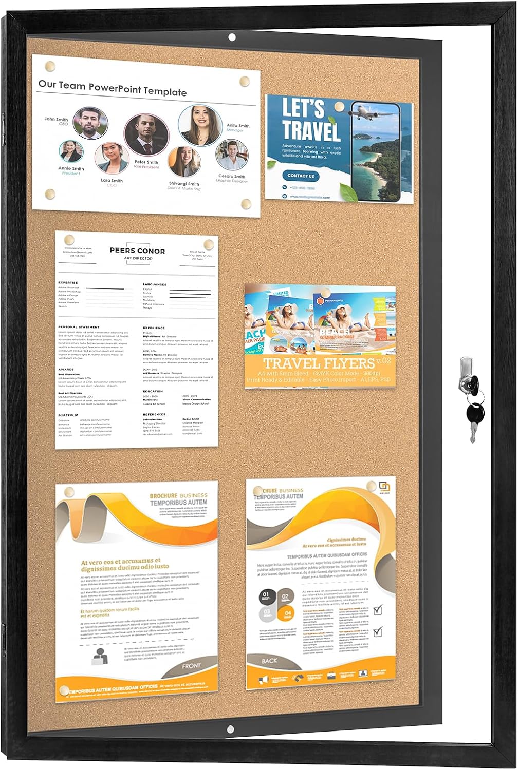 Enclosed Cork Bulletin Board, Lockable and Tamper-Proof Bulletin Noticeboard with Black Pine Frame, 36”x24”, Enclosed Cork Board for Home, Living Room, Bedroom, School, Office, Commercial
