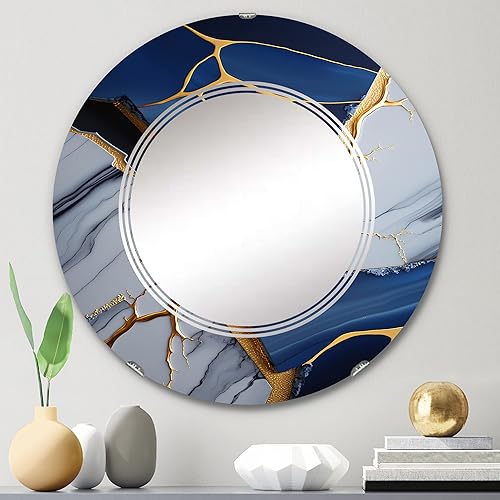 Miniatura 2 de DesignQ Espejo de pared de mármol abstracto, espejo moderno ovalado, espejo de baño azul redondo, espejo de tocador de mármol abstracto de geoda