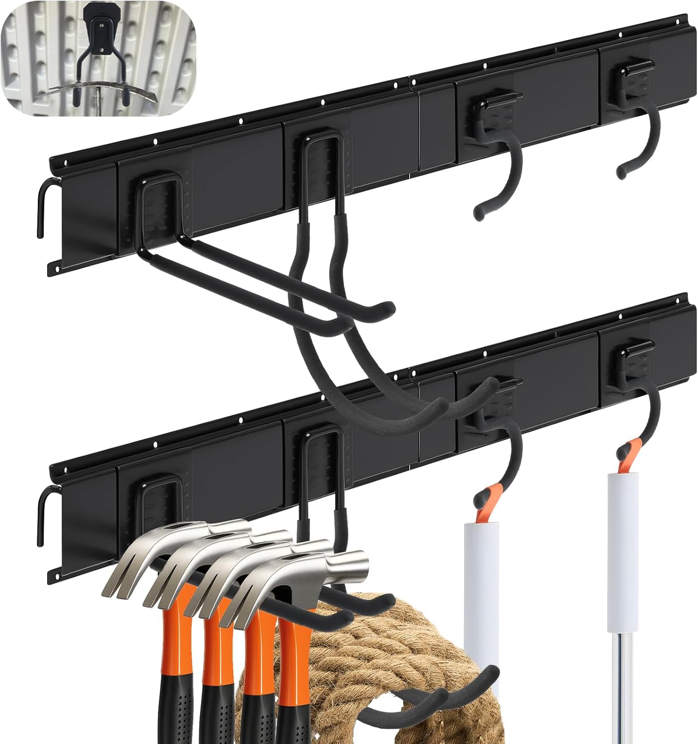 6 Pack Shed Tool Hooks Organizer Wall Mounted 32" Adjustable Storage Shed Accessories Double Straight Large Curved Mop Hook Metal for Large Small Tools Yard Gardening Rack Shovel Broom