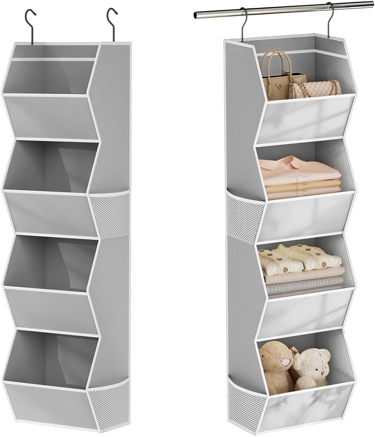 Hanging Closet Organizer 4 Shelf, Grey | Collapsible, With Mesh Pockets, For Clothes, Fabric Hanging Storage Bins