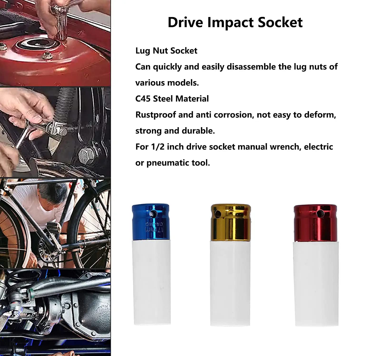 AASONS 3pc Set Non-Marring with Plastic Sleeve Lug Nut Socket Set 17/19/21mm Drive Wheel Sockets 1/2"" Socket Drive Colour Coded Alloy Wheel Impact Cr-Mo Wheel Protector Deep Socket Set 3