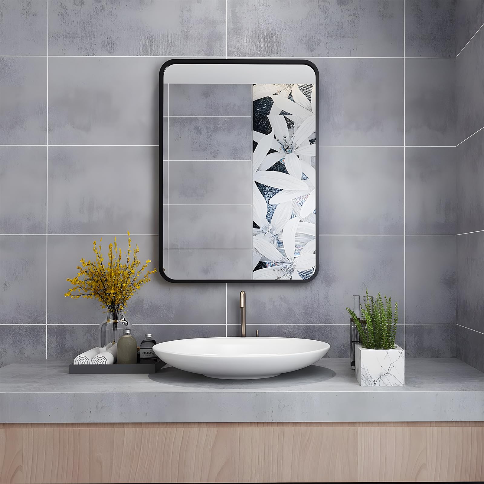 MIQU Espejos de Pared 80 x 60 cm, Espejo de baño Rectangular Marco Negro