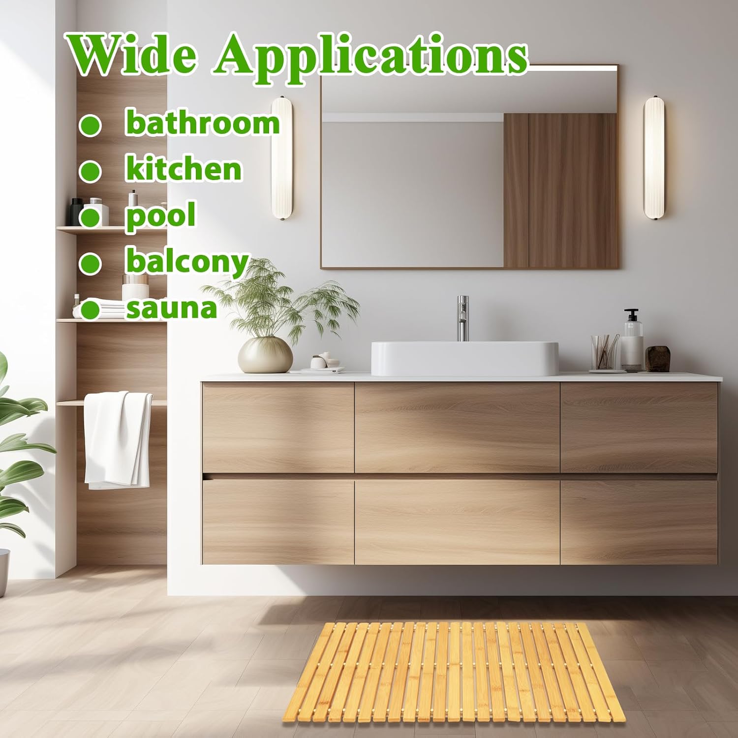 QTLCOHD 2 Pcs Bamboo Bath Mat - 24 x 16 Inch Non Slip Foldable Waterproof Wood Shower Mat for Bathroom, Floor, Bathtub, Toilet, Sauna, Hot Tub