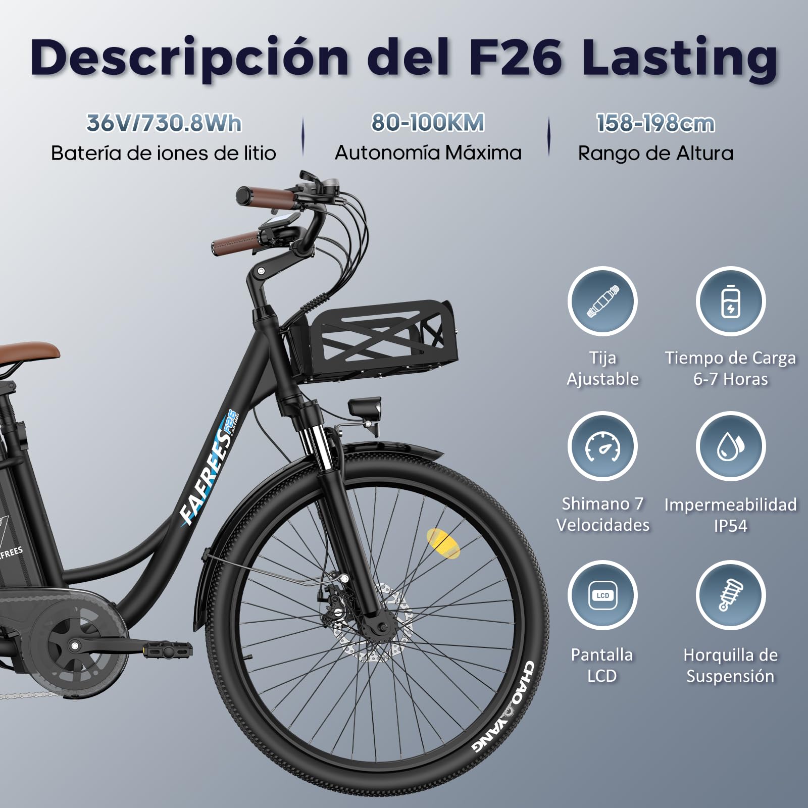 Fafrees Bicicleta Eléctrica, Bici Urbana Eléctrica de 250 W, Batería de 36 V/25 Ah, Bici Eléctrica de 26" para Adultos, Alcance 160 KM, F26 Lasting