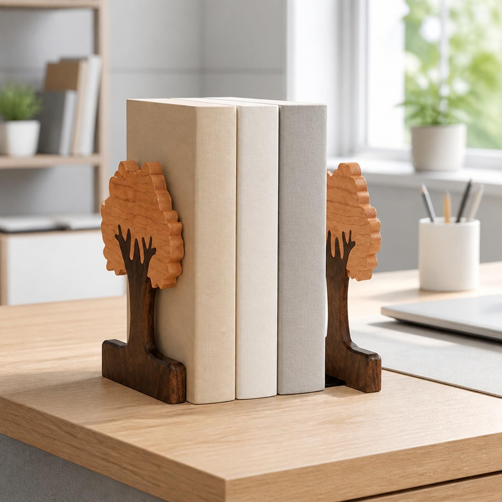 Serre-Livres Décoratif Motif Arbre Compact Serre-Livres en Bois Massif en Forme d'arbre Facile à Utiliser pr Lecture Lecture