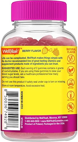 Miniatura 2 de WellYeah Gomitas de glucosa, 0.14 oz de carbohidratos, sabores de origen natural, gomita masticable para hombres y mujeres, sin OMG, sin gluten, 60
