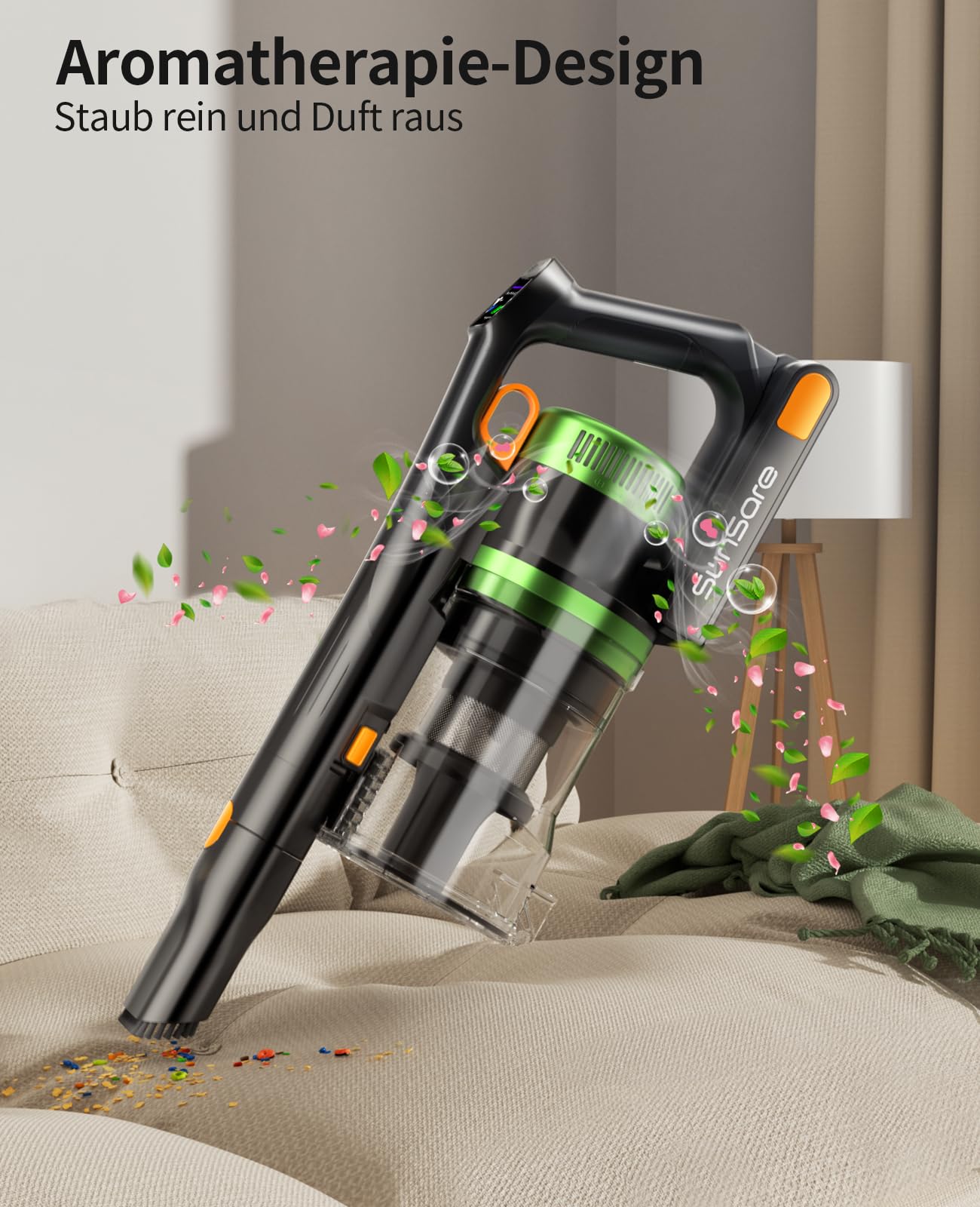 SunSare Akku Staubsauger Kabellos 600W/50000Pa/65Min, Akkustaubsauger mit HD Display, Aromatherapie，Anti Haar Wrap，Ultraleise kabelloser Staubsauger für Tierhaare/Teppiche/Hartböden/Auto