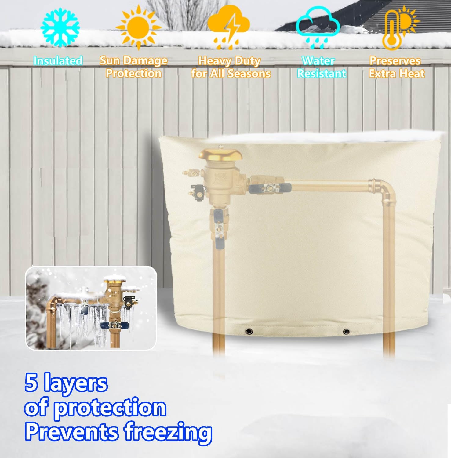 Backflow Preventer Insulation Cover – 5F/5℉ Winter Freeze Protection for Sprinkler, Pressure Vacuum Breaker, Well Pump & Outdoor Plumbing Valves – Waterproof, Insulated, (36" W x 24" H, Beige)