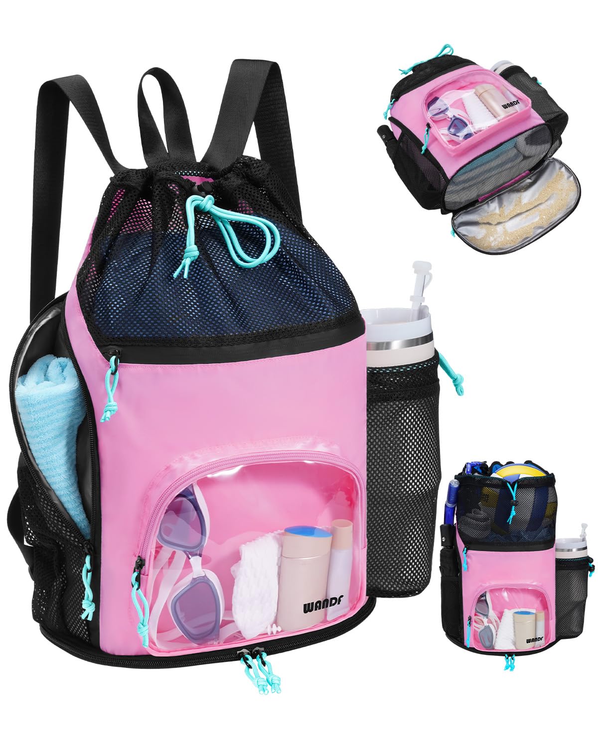 WANDF Swim Bag Mesh Drawstring Backpack with Dual Wet Compartments, 40oz Water Bottle Pocket & Transparent Front Pocket Sandproof Beach Bag for Swimming, Pool, Gym and Workout Gear (Pink)