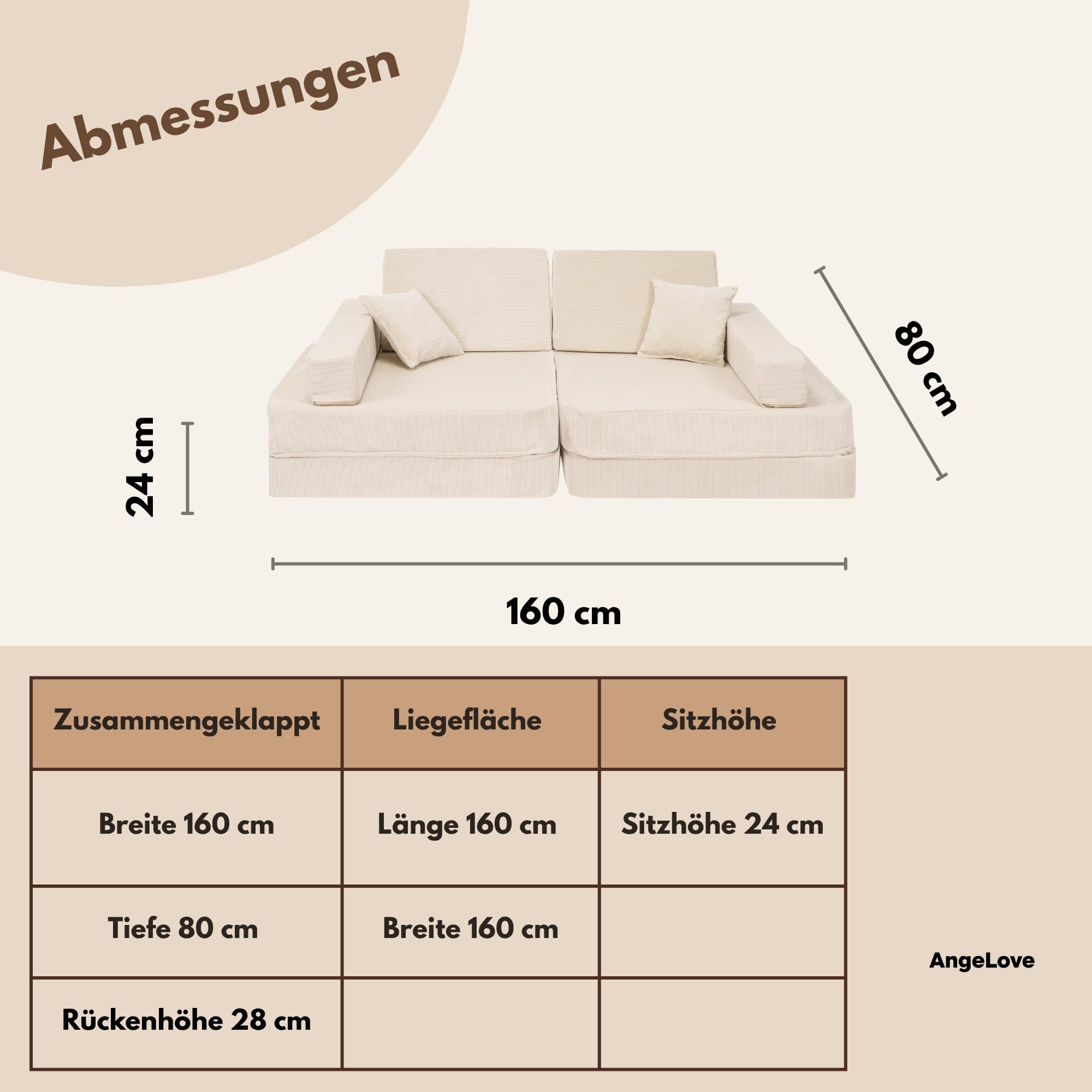 Angelove Kinder-Sofa aus Kordsamt - Kinderpolstermöbel, Couch, Ausstattung für Kinderzimmer, Beig