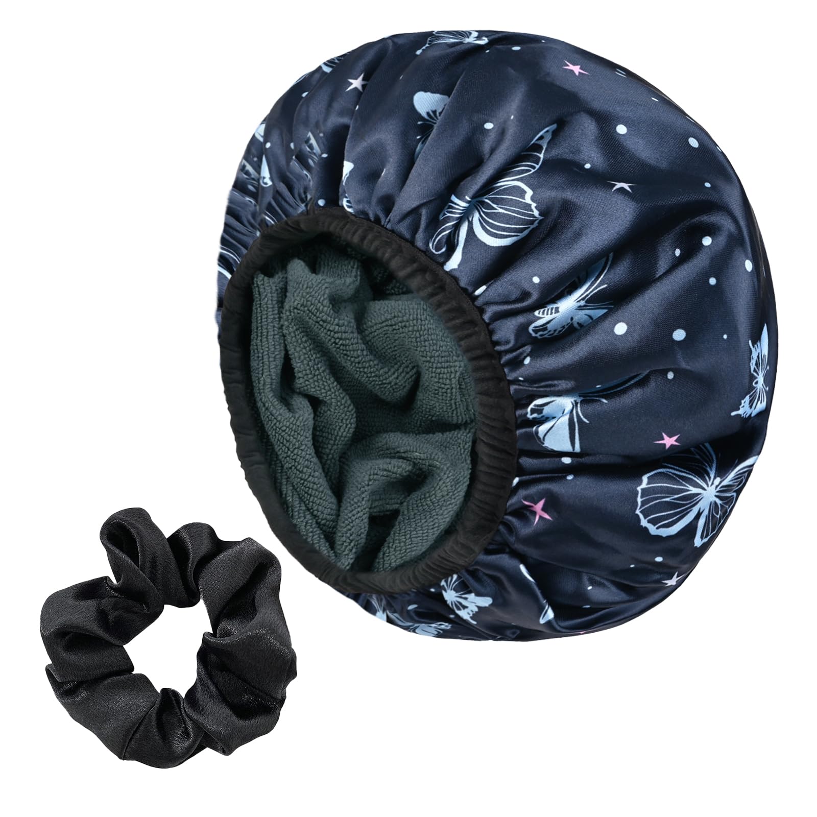 Yonchic Blue Butterfly Print Satin Shower Cap, Three-Layer Terry Cloth Lined, with Silk Hair Ties, Microfiber Waterproof Reusable Large Size Shower
