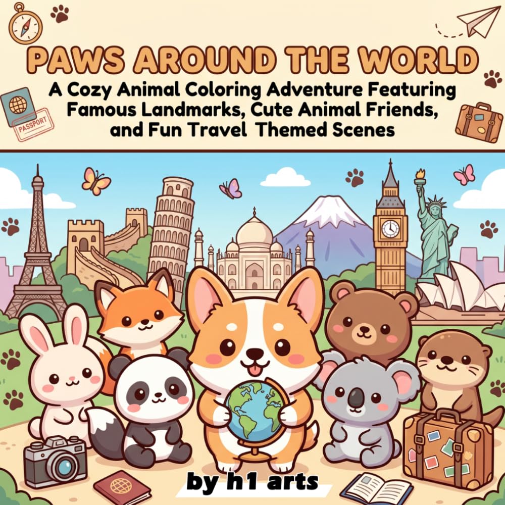 Paws Around the World: A Cozy Animal Coloring Adventure Featuring Famous Landmarks, Adorable Animal Friends, and Fun Travel Themed Scenes