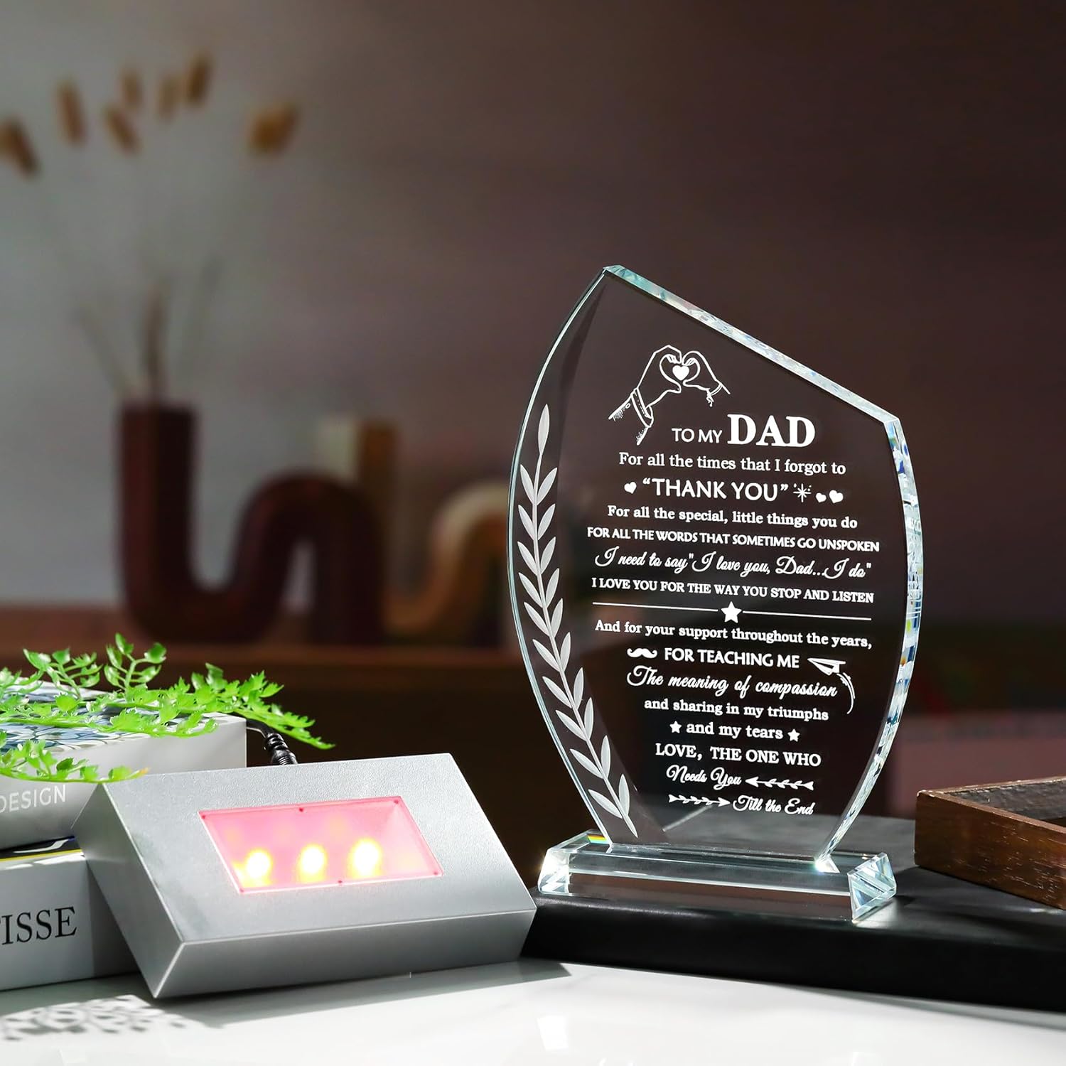 Best Birthday Gifts for Dad from Daughter Son Unique Glass Plaque with Colorful Led Base, To My Dad Meaningful Present for Christmas Thanksgiving Valentines Day Fathers Day